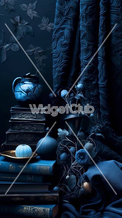 茶壶和书籍的蓝色神秘