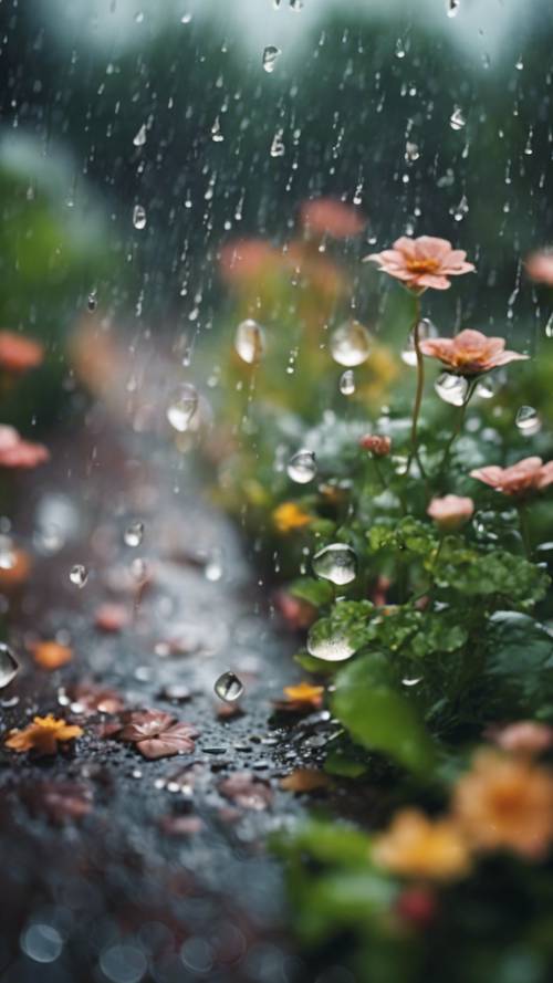 Taman hujan yang bergemerincing saat hujan lembut, dengan tetesan air hujan menari di dedaunan dan kelopak bunga.