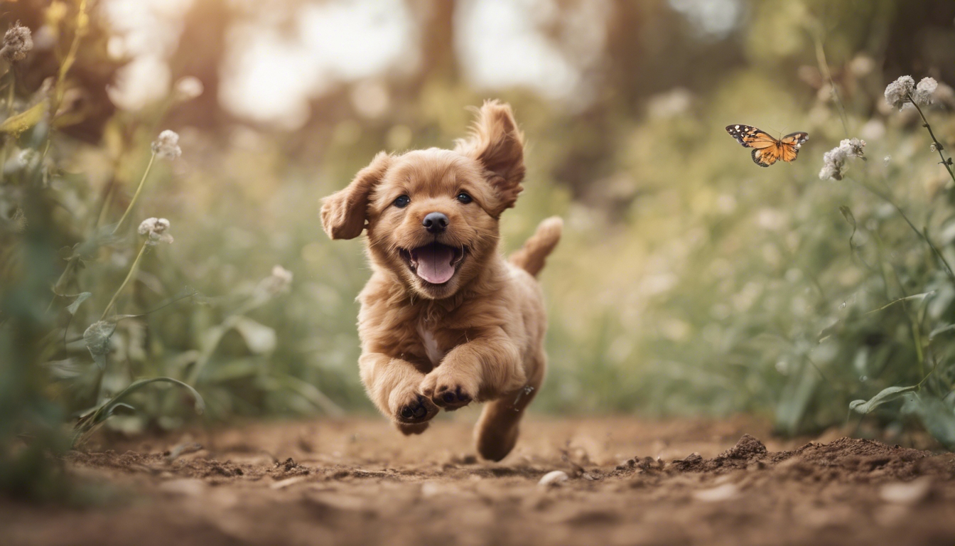 A small, adorable light brown puppy chasing a butterfly in a park. Wallpaper[a50254ba18c6421f984d]