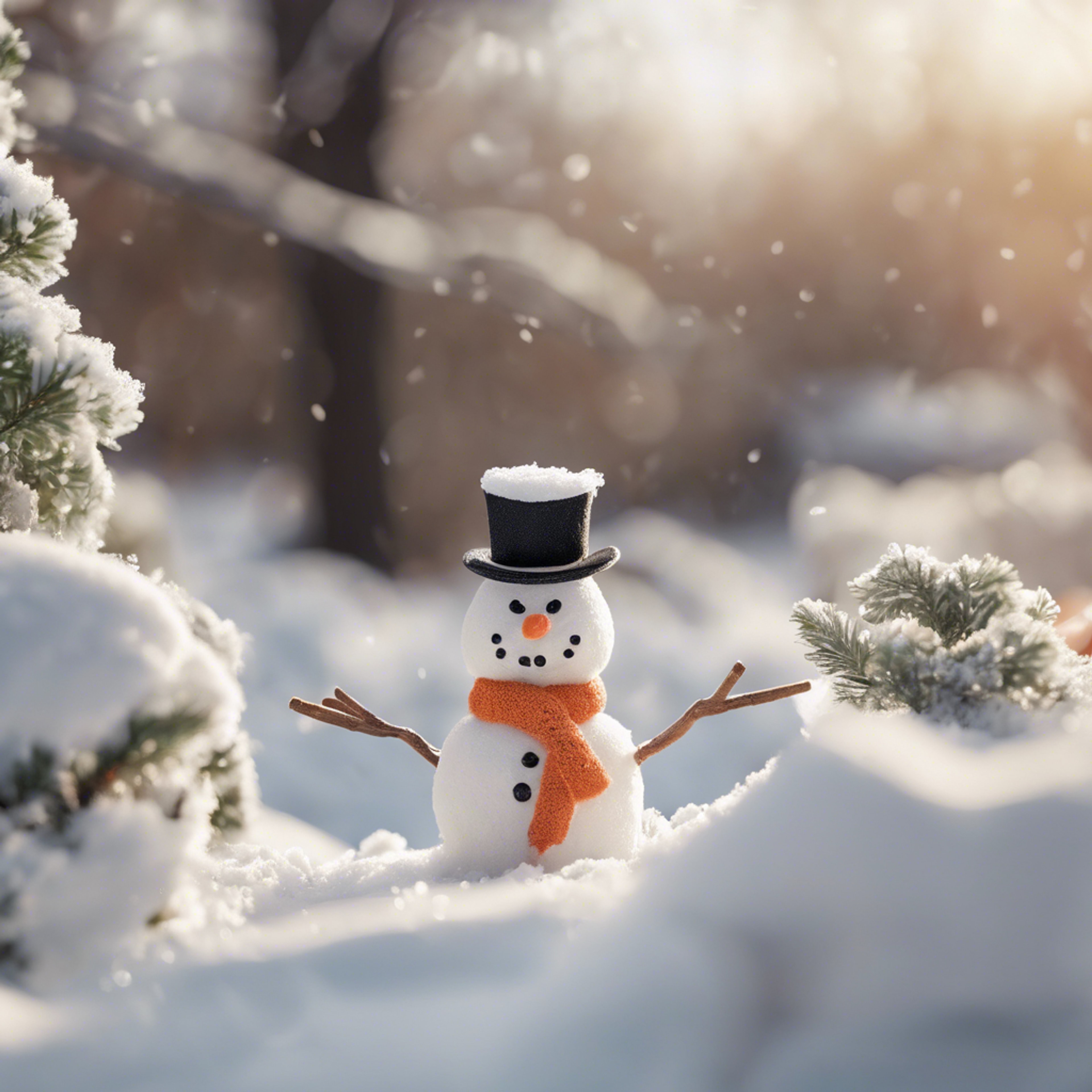A winter scene featuring a beige kawaii snowman with a top hat and carrot nose. Wallpaper[43b64e4c71ac4b7f8356]