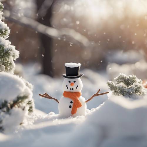 Uma cena de inverno apresentando um boneco de neve kawaii bege com cartola e nariz de cenoura.