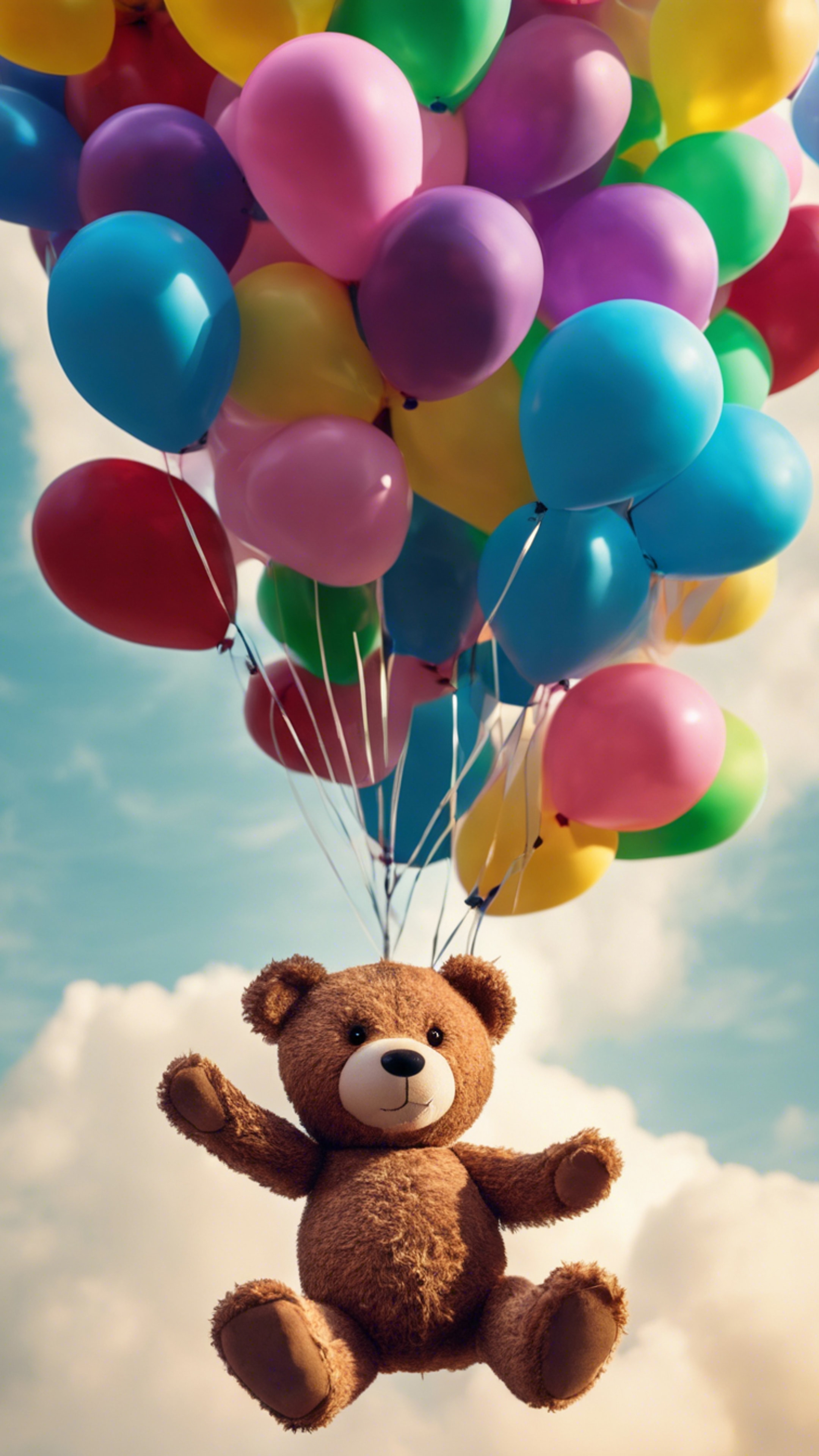 A teddy bear floating in the sky suspended to a set of colorful helium balloons.壁紙[3cd150b054934ab09e64]