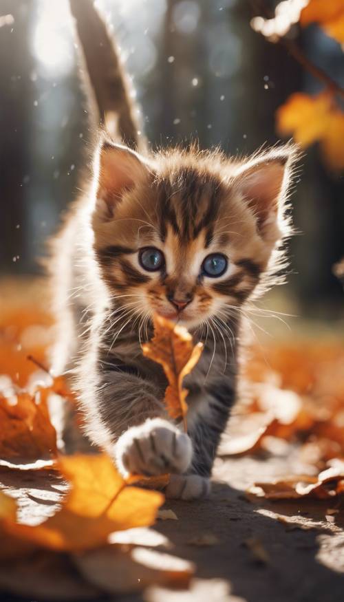 Seekor anak kucing menggemaskan mengejar daun musim gugur yang berguguran. Wallpaper [f9412b2fa4eb4113a68f]