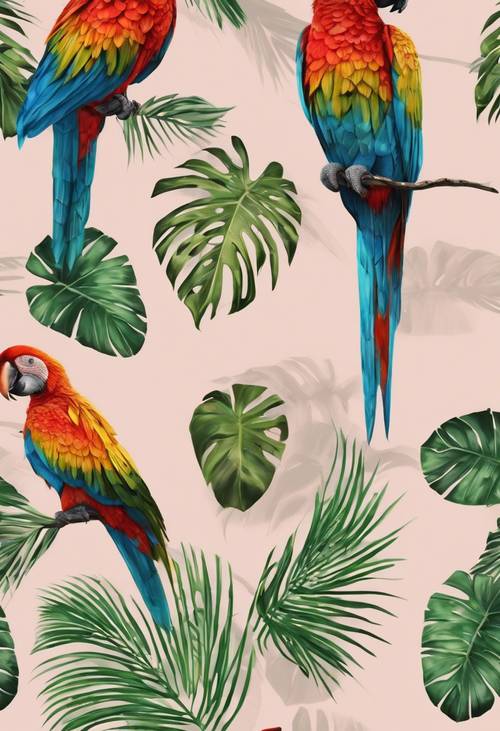 A tropical seamless pattern including palm leaves and parrots