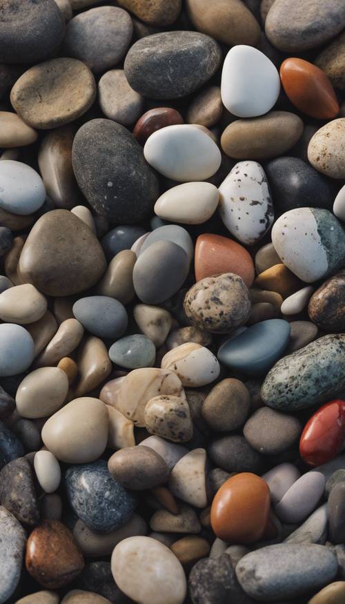 Eine Vielzahl von Kieselsteinen in unterschiedlichen Formen, Größen und Farben.