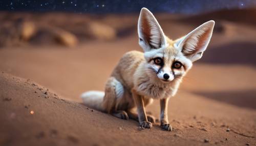 Un joven y travieso zorro fennec con ojos muy abiertos y brillantes y orejas de gran tamaño que atrapan una polilla en el desierto estrellado y iluminado por la luna.