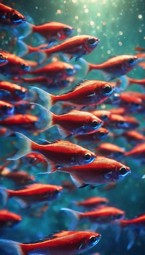 Um grande grupo de peixes neon tetra nadando juntos em águas tropicais límpidas.