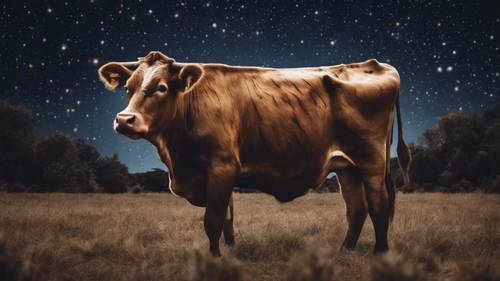 Una imagen rara y única de una vaca marrón con estampados que se asemejan a patrones de constelaciones bajo un cielo nocturno estrellado.