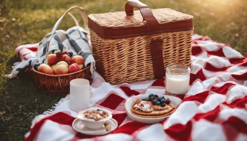 Eine Picknickszene im adretten Stil in einem sonnigen Park mit einer rot-weiß karierten Decke und einem Weidenkorb.