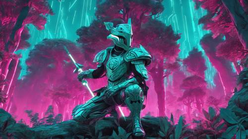 Stymulujący obraz wojownika z gry fantasy odzianego w turkusową zbroję, odważnie stojącego w mistycznym lesie.