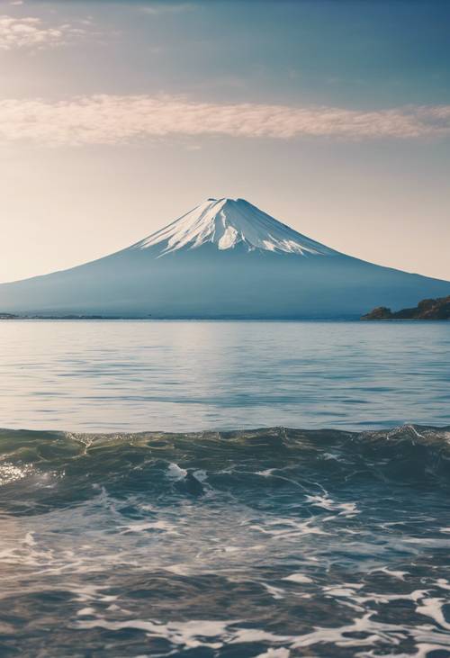 Lukisan laut Jepang yang tenang dengan Gunung Fuji terlihat di cakrawala.