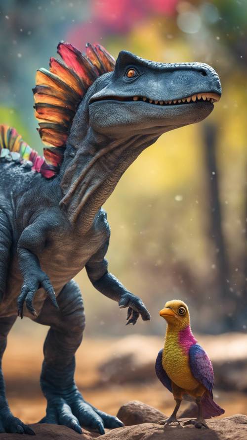 Un dinosaurio gris mirando con curiosidad a un colorido pájaro prehistórico.