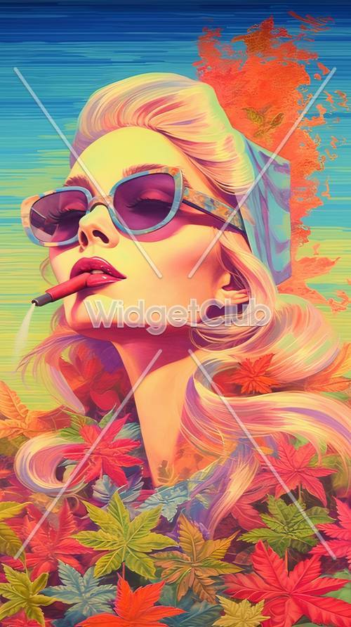 Lebendige Frau im Pop-Art-Stil mit Sonnenbrille und Blättern