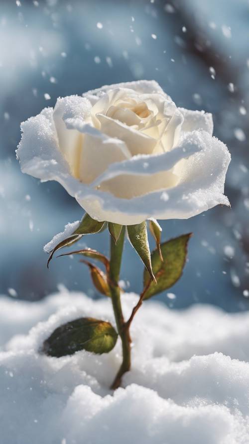 Nowo otwarta biała róża wystająca z zaspy śniegu wczesną wiosną.