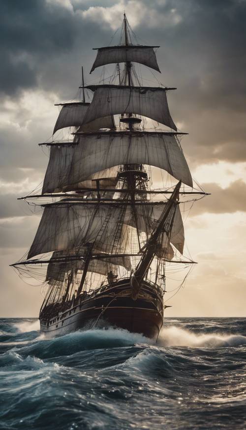 An old sailing ship on rough seas, lit up by white lightning.