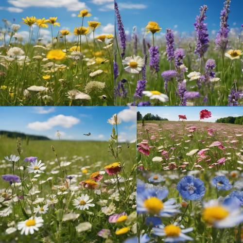 蓝天下的野花草甸上布满了马赛克踏脚石，每一块踏脚石上都展示着不同的花卉样本。