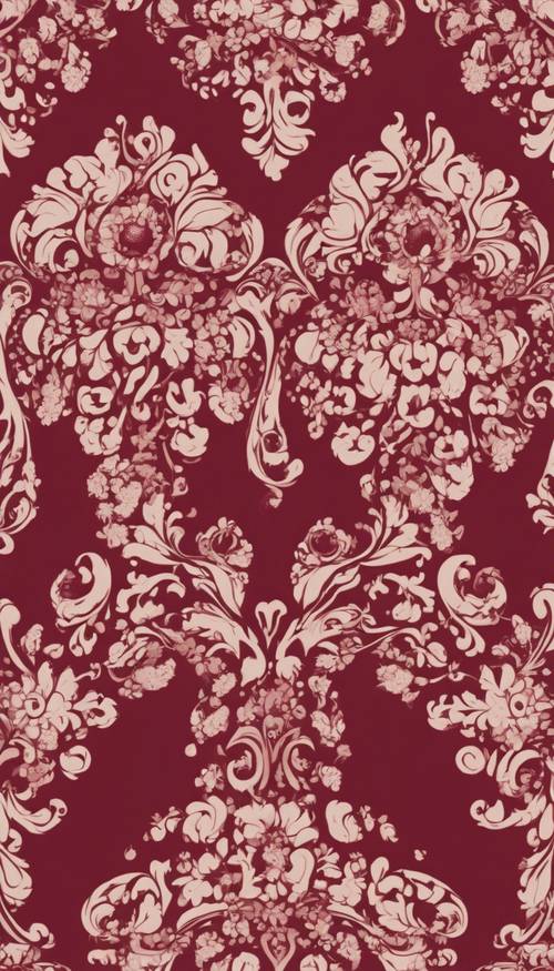A maroon damask pattern with intricate floral motives swirled in a seamless design.
