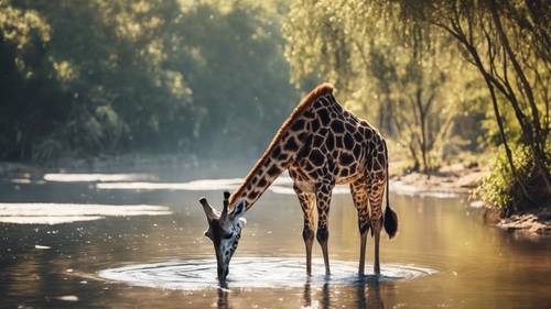 Żyrafa brodząca w strumieniu, z wodą do połowy, ukazując prąd wodny.