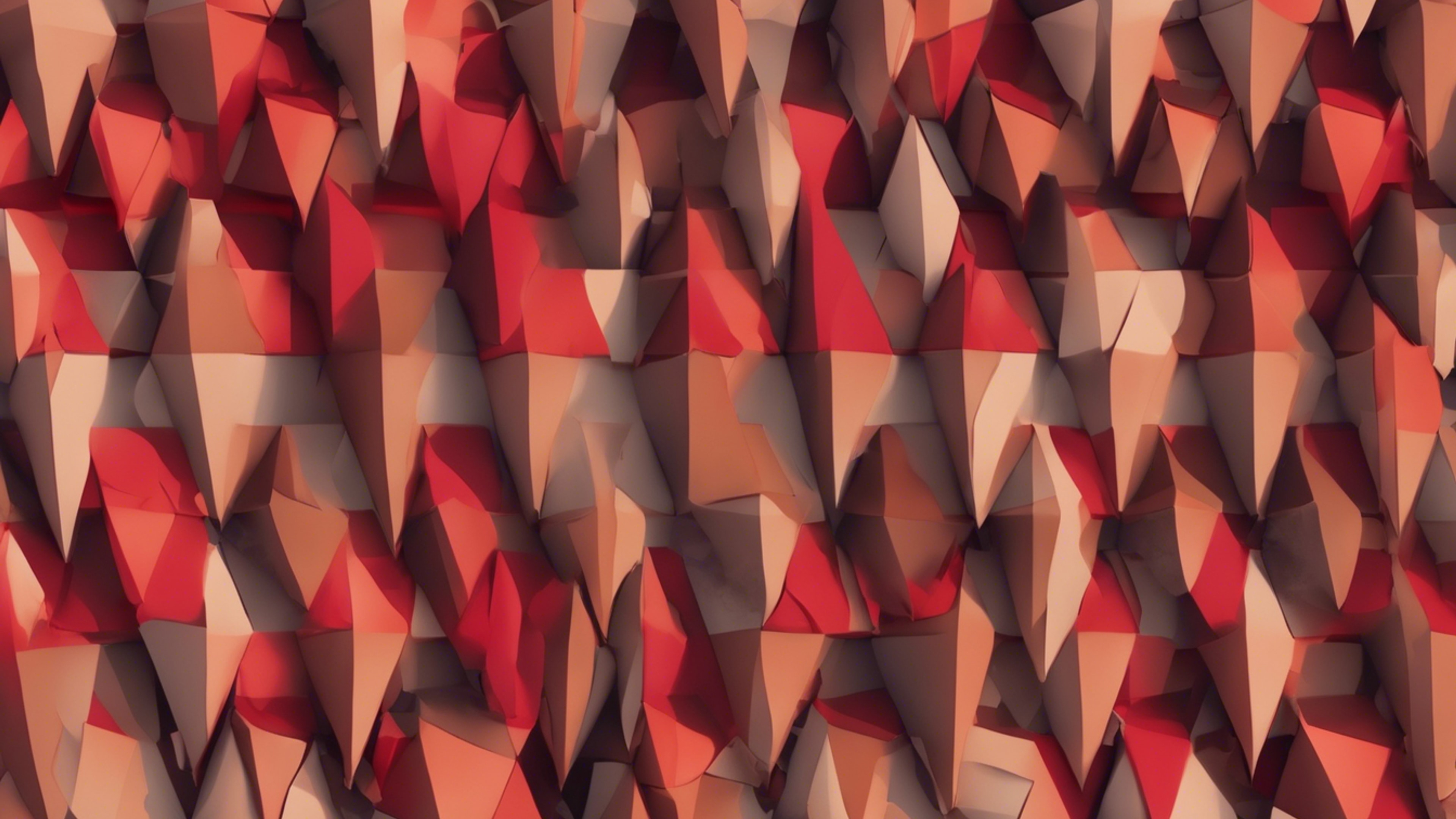 A geometrical abstract pattern consisting of trapeziums in shades of vibrant red and muted brown. Tapeta[25af3713355d4095863a]