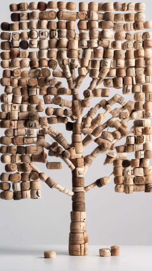 Uma árvore solitária feita inteiramente de rolhas de vinho recicladas sobre um fundo branco.