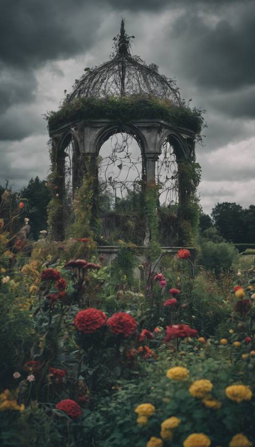 A secret garden overgrown with a variety of macabre flowers under the gloomy gothic sky. Tapet [90a69d5a46084b78bc63]