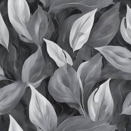 Ein abstraktes Gemälde mit einem dramatischen Wirbel aus grauen Blättern.