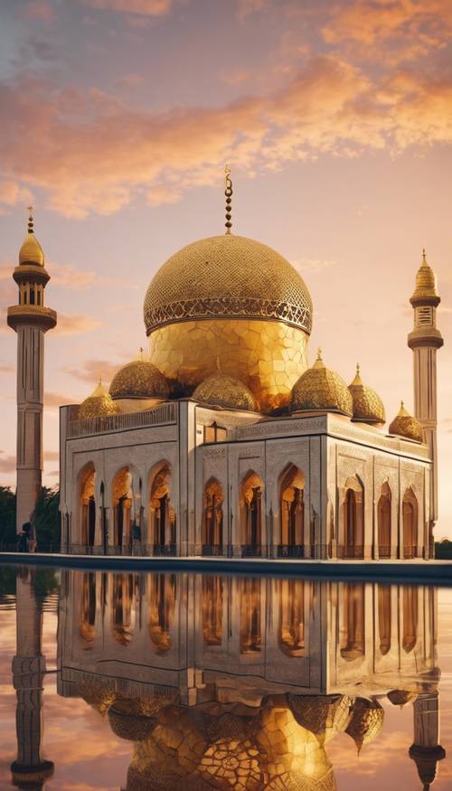 Uma cúpula dourada ornamentada de uma mesquita islâmica refletindo o pôr do sol de tirar o fôlego.