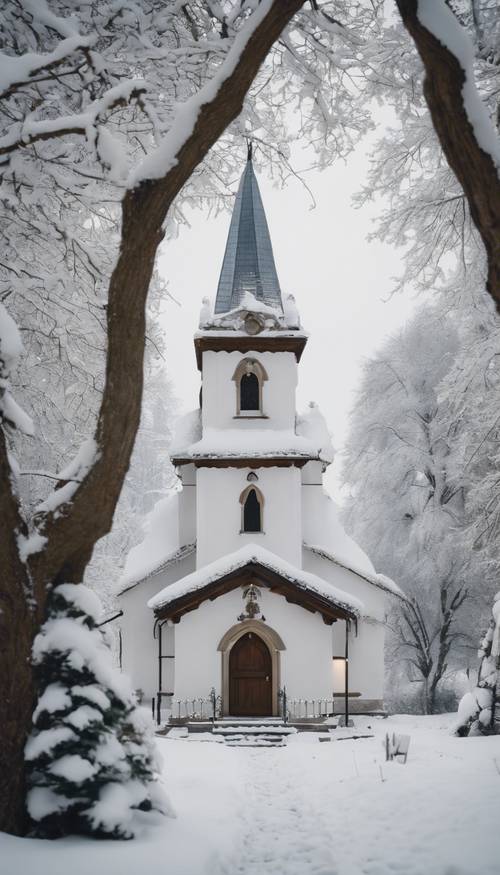 A picturesque Christmas scene of a small church in a snowy countryside, with a Christmas tree standing gallantly in the churchyard. Tapet [b80fe43227b147a4b583]