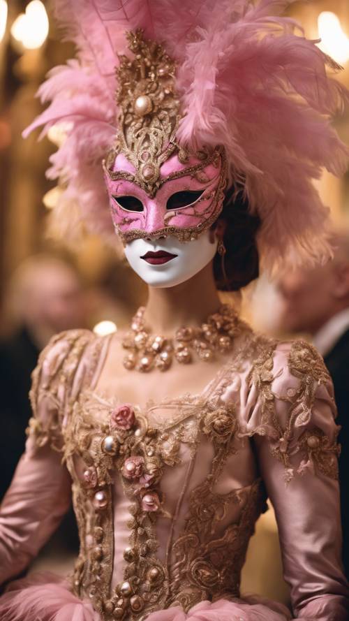 Um baile de máscaras veneziano ornamentado em rosa e dourado com convidados em trajes detalhados.