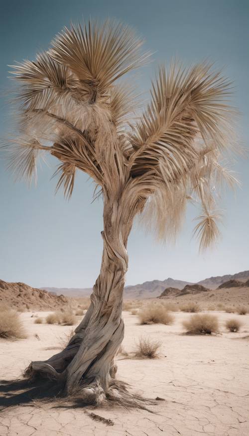 Pohon palem putih dengan batang bengkok dan keriput di gurun tandus Wallpaper [439d9ee2dd1742159d76]