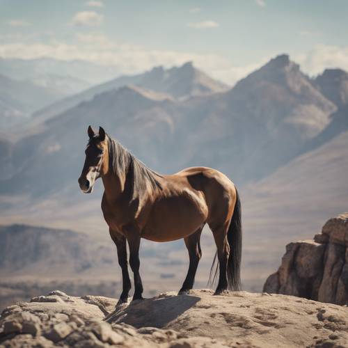 Ein wilder Mustang steht groß und stolz auf einem felsigen Berg unter der strahlenden Mittagssonne.