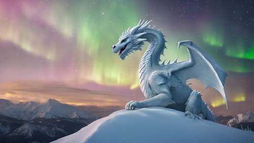 A white dragon sitting serenely atop a snowy peak under the glowing Northern Lights