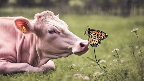 Bezerro de vaca rosa recém-nascido interagindo divertidamente com uma borboleta monarca.
