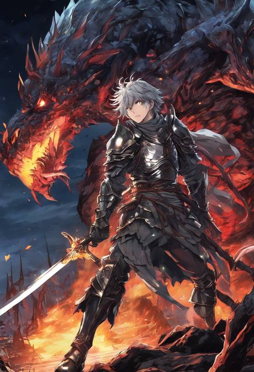 An anime knight with a flaming sword fighting monstrous creatures under a full moon.