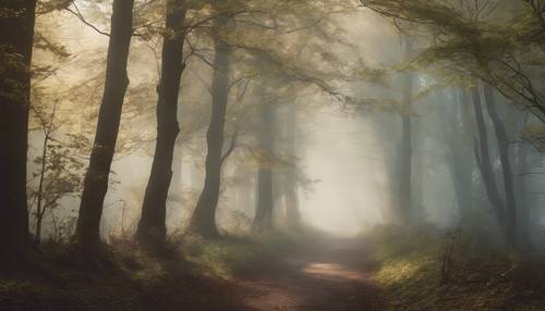 Idylliczny obraz leśnej ścieżki spowitej w spokojną mgłę, tworzącej marzycielski nastrój