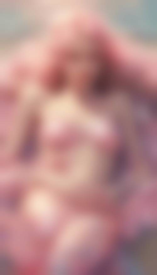 นางเงือกสาวผู้มีเกล็ดสีชมพูพาสเทล นอนอยู่บนชายหาดที่มีแสงแดดสดใส