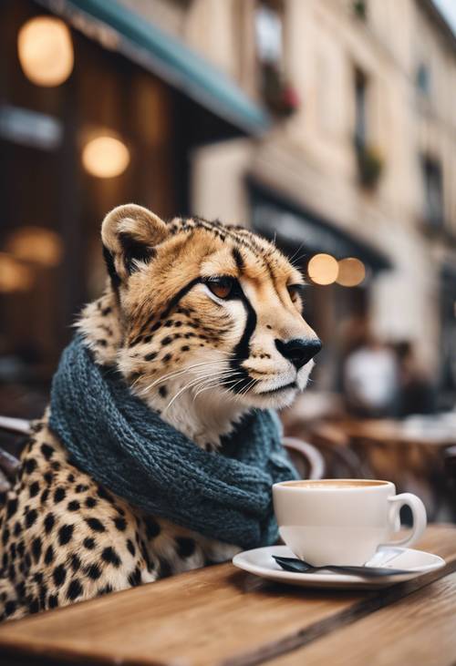 Guepardo de muy buen gusto bebiendo café en un pintoresco café parisino, vestido con una boina y una bufanda