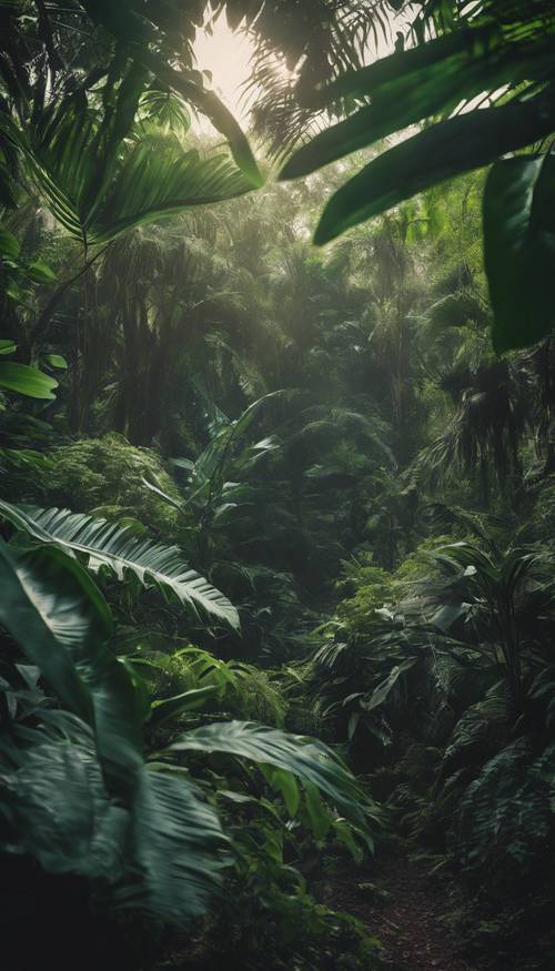 Uma cena de selva com uma folhagem exótica e verde escura.