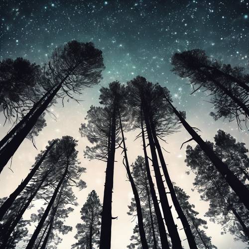 Imagen estilizada de un bosque de pinos bajo un cielo nocturno, con estrellas brillando a lo lejos dando a la escena un aura serena y de otro mundo.