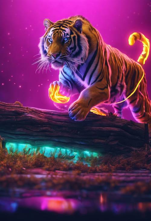 Неоновый тигр прыгает через неоновое бревно в сюрреалистическом светящемся пейзаже.