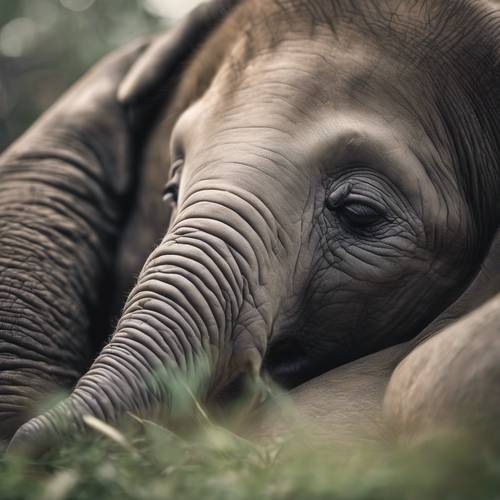 A close-up shot of a sleeping baby elephant with its trunk curled up.