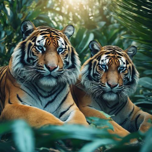 Una pareja de deslumbrantes tigres azules descansando en el denso follaje tropical.