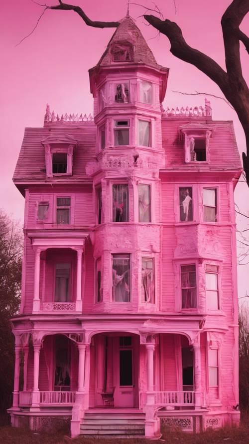 Una espeluznante casa embrujada decorada en rosa para Halloween con fantasmales siluetas rosas en las ventanas.