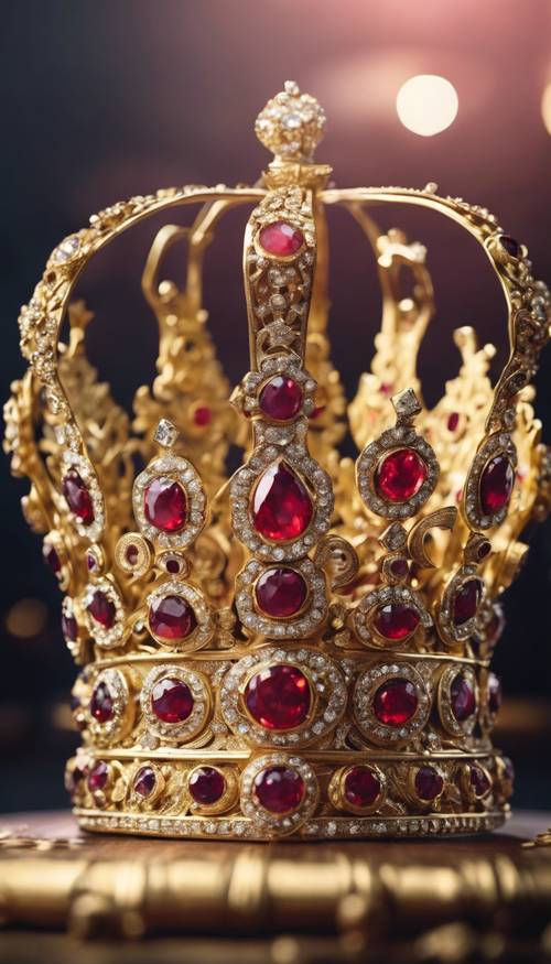 Una ornamentada corona de oro macizo con incrustaciones de rubíes y diamantes, digna de un rey.