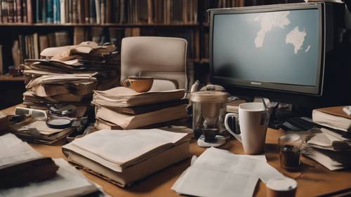 Uma mesa de trabalho em caos, com pilhas de livros, papéis por todo lado, uma caneca velha com café frio, um computador antigo e uma cadeira com roupas.