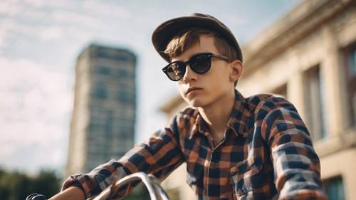 Hipsterski chłopak ubrany w kraciastą koszulę, obcisłe dżinsy i okulary przeciwsłoneczne, jadący na rowerze w stylu retro.