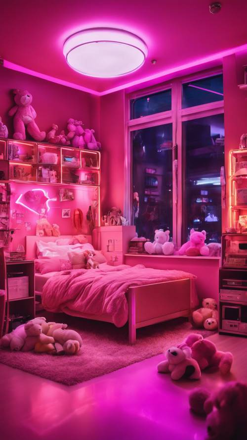 A teenage girl's bed room designed in an hot pink aesthetic with neon lights and lots of stuffed toys.