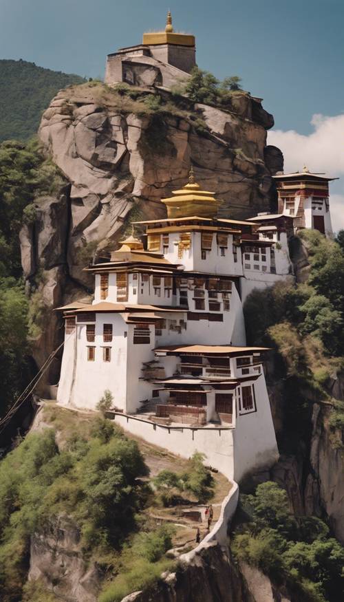 A tranquil monastery, reached on top of the mountain with prayer flags fluttering in the cool breeze.