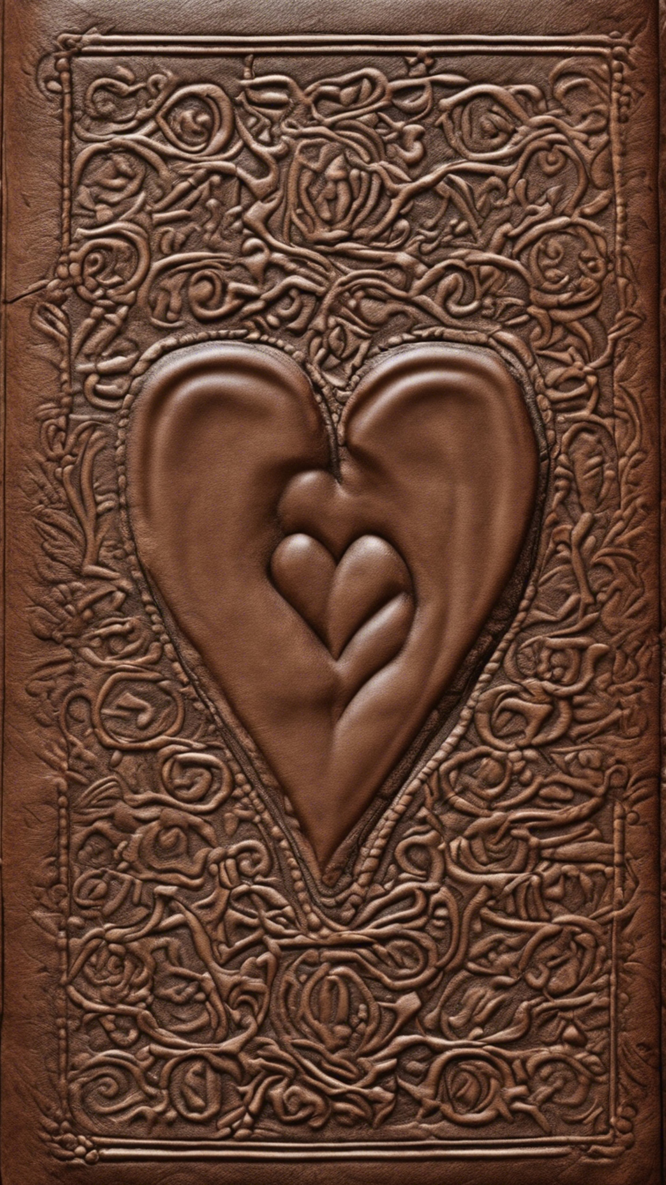 A heart pattern engraved on a brown leather-bound book from the 18th century.壁紙[77bbf1d18d454c5f8334]
