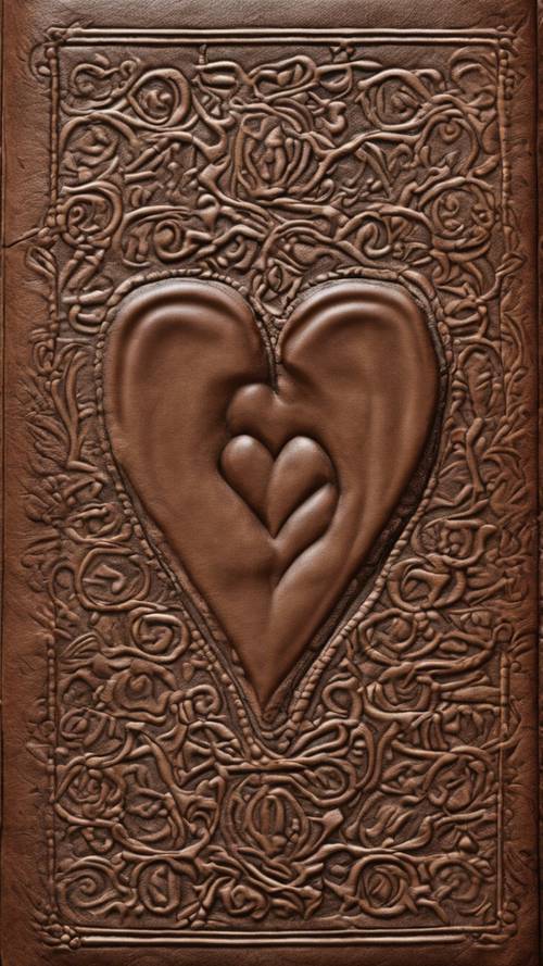 Un motif de cœur gravé sur un livre relié en cuir marron du XVIIIe siècle.
